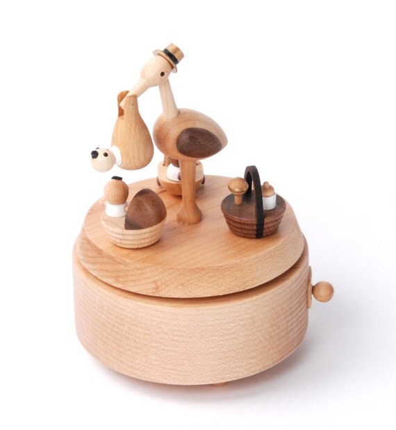 Wooden Music Box Baby Stork Delivery