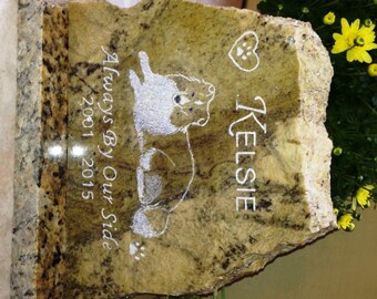 CUSTOM Pet Memorial Stone / Grave Marker, Dog Gravestone ~ Polished Granite Hand Engraved Headstone w/Granite BASE* 7-8" X 7-9" x 1"*