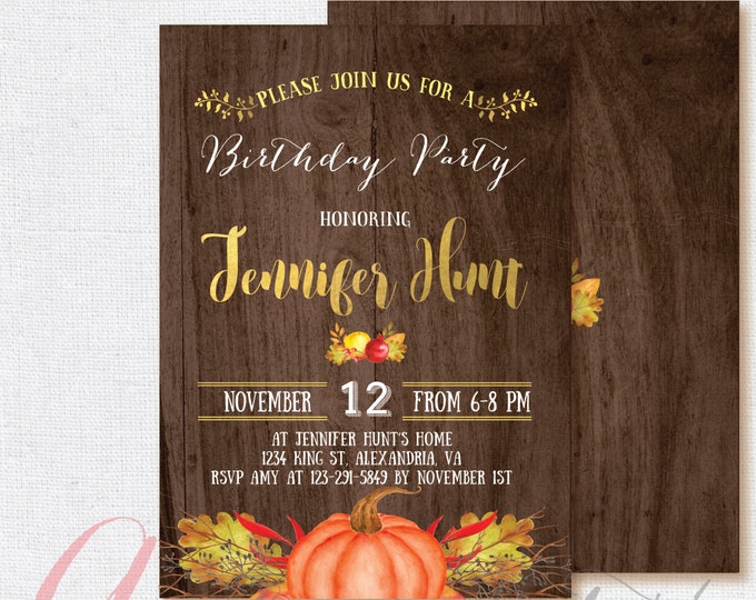 Fall birthday invitation. Rustic Birthday Invitation, Fall Pumpkin Invitation. Fall invitation. Printable