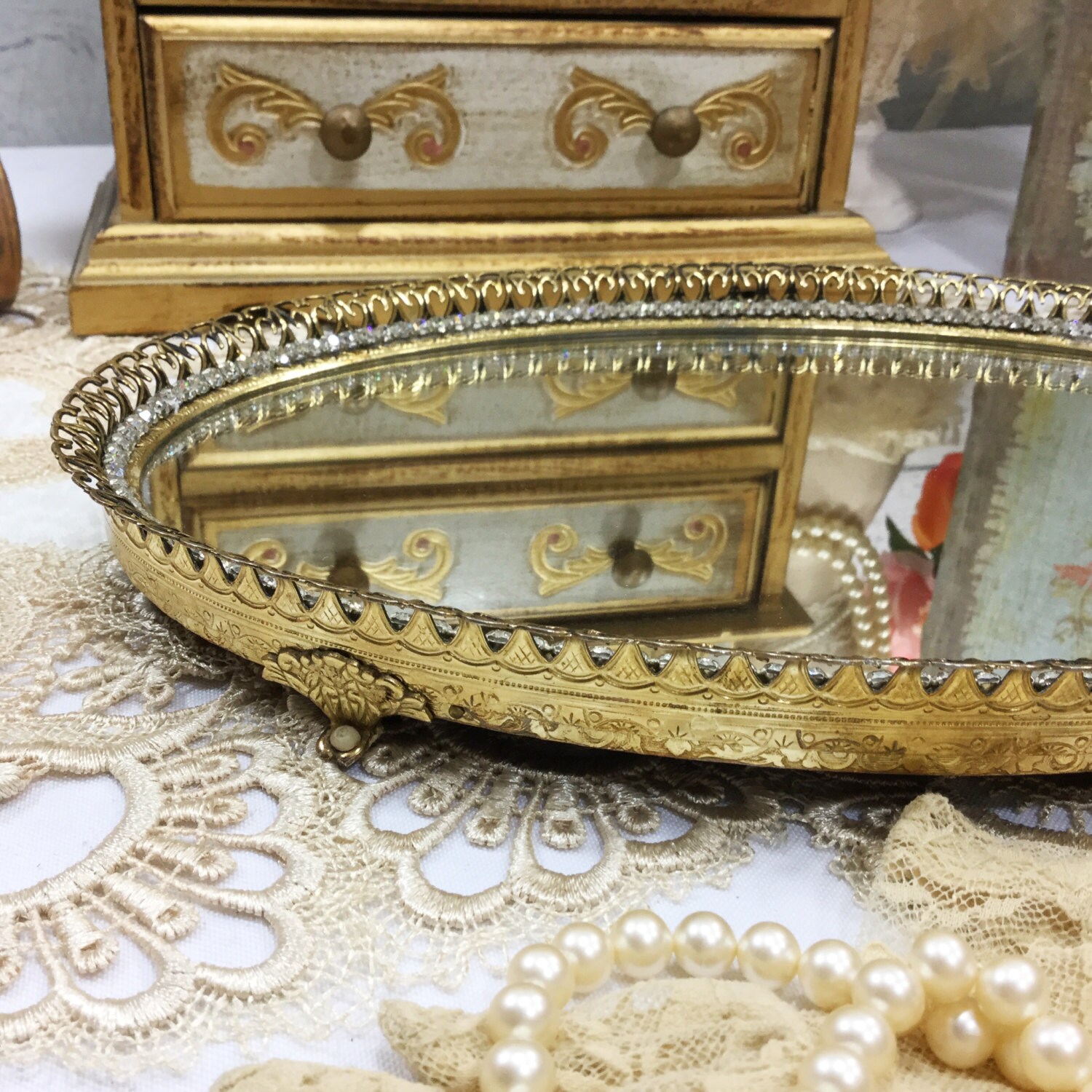 Vintage Rhinestone & Gold Filigree Vanity Mirror Tray Dresser Vanity