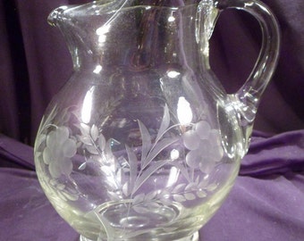 Hand-Made Glass Pitcher with Ice Lip, Daisy Etching, Applied Handle