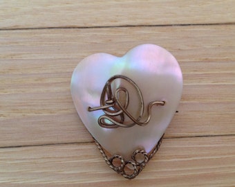 Vintage Mother of Pearl Heart Shaped Pin with Gold-Filled Embellishments
