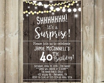 Adult Surprise Birthday Invitation - Shhhhh It's a Surprise - Custom Bday Invite - Wood Background - String Lights - DIGITAL FILE