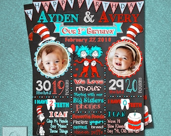 Custom Birthday Poster Sign - TWINS Thing 1 and Thing 2 Cat in the Hat DR. SUESS -Milestone poster to create lasting memories! Personalized!