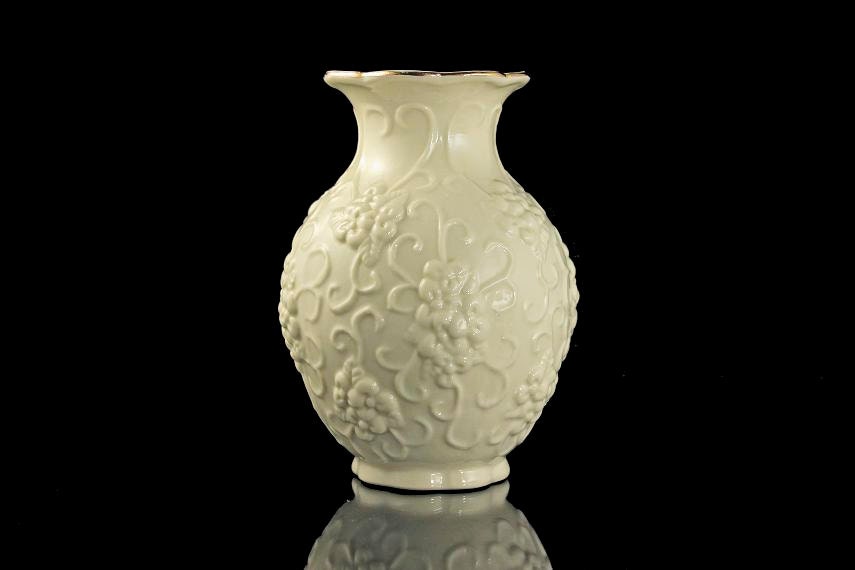 Small Embossed Vase, Cream Color, Gold Trim, Grape and Vine Pattern, Flower Vase