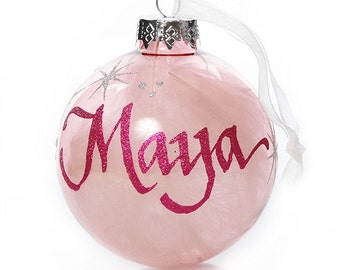 Pink Glass White Feather Personalised Christmas Bauble