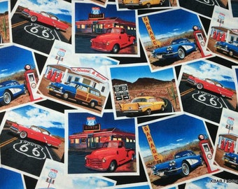 ROUTE 66 Fabric By the Yard or Half Yard, Fat Quarter Photos Highway Rt 66 Cars Diner USA Vacation Travel Cotton Quilting Apparel BTY t/s