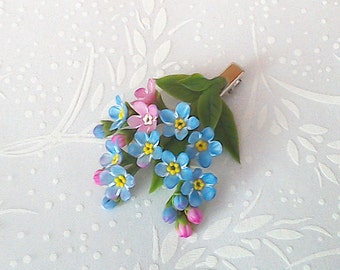 Forget me not hair clip. Floral jewelry. Clay flowers. Spring flowers .Flower hair accessories