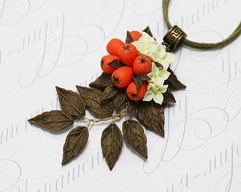 Rowan berry necklace. Red berries necklace. Fall leaves autumn necklace. Polymer clay jewelry. Artisan polymer clay floral pendant necklace
