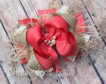 Coral Bow - Coral and Gold Ott Boutique Bow - Coral and Gold Boutique Bows - Coral and Gold Hair Bows - OTT Bows - coral OTT Bows - coral