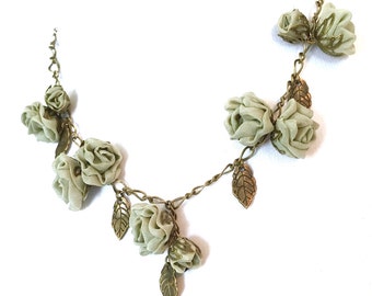 Sale!!!Handmade Fabric Roses Necklace Sage