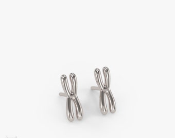 science jewelry: silver chromosome studs - 3D printed genetics earrings - wearable cytogenetics - scientist - DNA - genes - inheritance