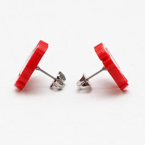 Red Acrylic 45 Record Spacer Stud Earrings
