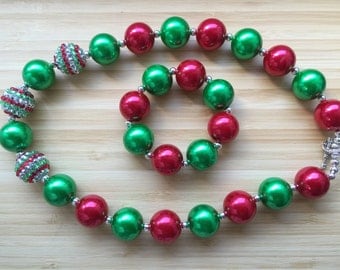 Christmas Chunky Necklace Red Green Beads Necklace & Bracelet Chunky Bubblegum Bead Necklace Childrens Costume Jewelry Fall Birthday