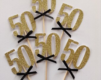 50th Cupcake Toppers, Gold Glitter 50th Cake Toppers, Black and Gold Party Decor, 50th Birthday Party, 30, 40, 50, 60