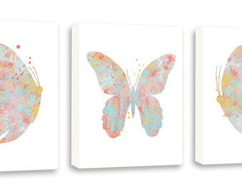 Butterfly Art - Watercolor Butterflies - Girls Wall Art - Set of Three Gallery Wrapped Canvases - BS3C