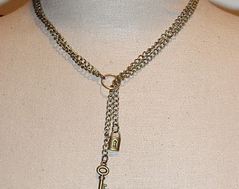 Antique Gold Brass Bronze Double chain Ring of O Lariat Y submissive Day Collar Necklace with Lock and Key Charms