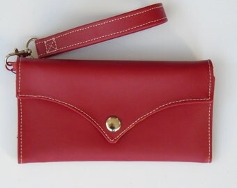 Women's tri-fold vegan leather wallet - Free shipping! - wristlet - checkbook wallet - phone case - red vinyl outer and Yellow Floral lining