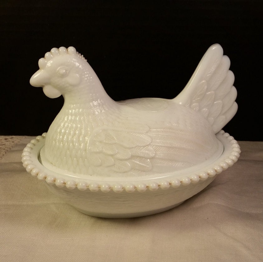 Milk Glass Hen on a Basket Vintage White Milk Glass Chicken