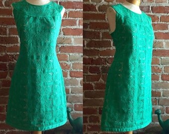 Vintage Womens Green Crochet Day Dress, Size 10, Sleeveless