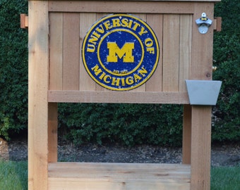 SPECIAL EDITION!!! Michigan Rustic Ice Chest Cooler Stand with Brass Drain, Bottle Opener, and MICHIGAN Bottle Cap Catcher & Michigan Sign