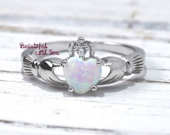 Opal Claddagh Ring, Traditional Irish Ring, Celtic Design, White Opal Lab Created Silver Promise Ring, Girls, Anniversary Gift, Fede Rings