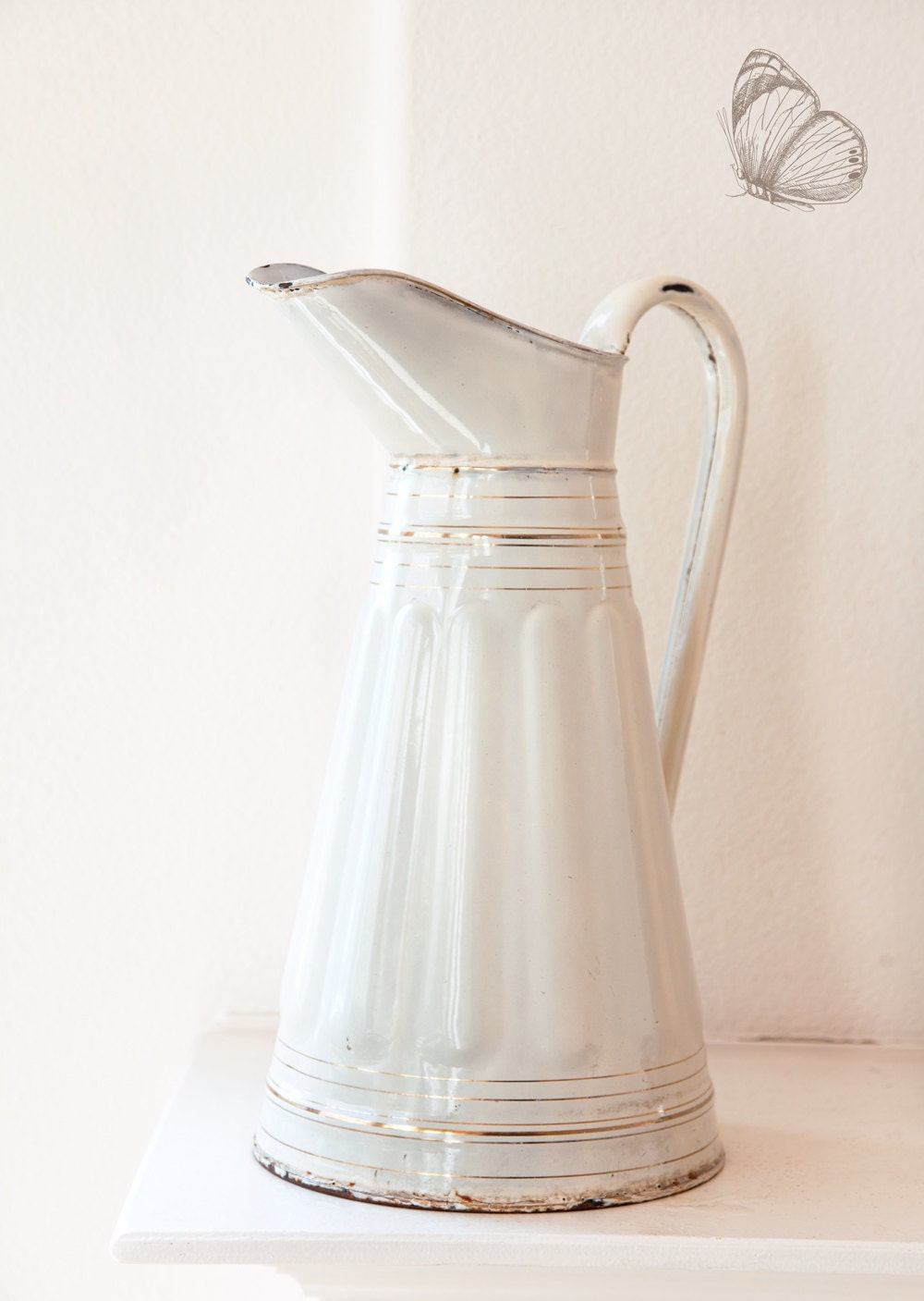 1930s Enamel French Enamel Water Pitcher Ivory and Gold