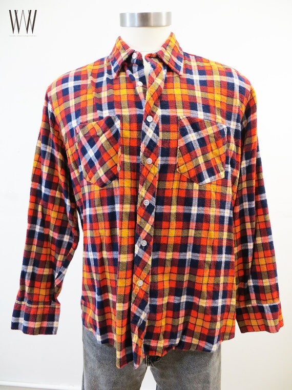 70's Flannel Orange Navy and White Super by WoodenWheelVintage