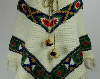 Vintage 1970s Wool Poncho with Pom Poms and Fringe