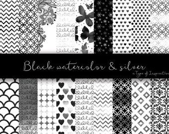 Black watercolor and silver digital paper pack, Digital paper, Scrapbook paper, Printable paper, Instant download, Printable pattern