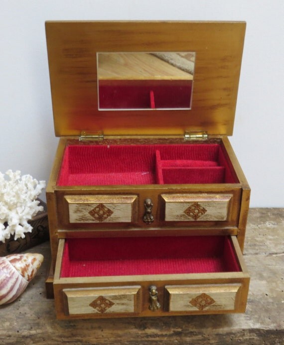 Vintage Jewelry Box Wooden Gold White Made in Japan Jewelry