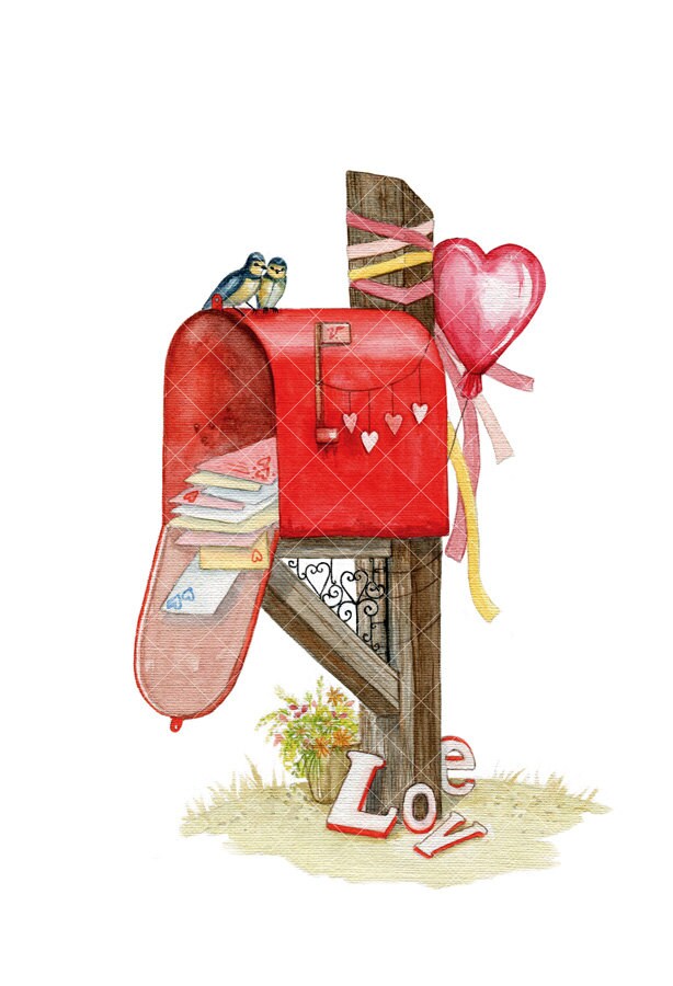 Valentine's Mailbox Clip Art. Watercolour Illustration.