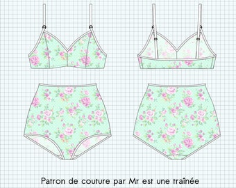 Sewing pattern lingerie PDF, "Jayne", pants high waist and BRA, XS to XL
