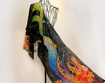 Unique hand painted silk scarf- Chinese Rainbow Dragon- dragon scarves-abstract scarves-art scarf-chinese art