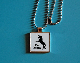 Unicorn necklace, I'm horny necklace, unicorn jewelry, animal jewelry, geekery, silver pendant, square jewelry, puns, sassy necklace, dating