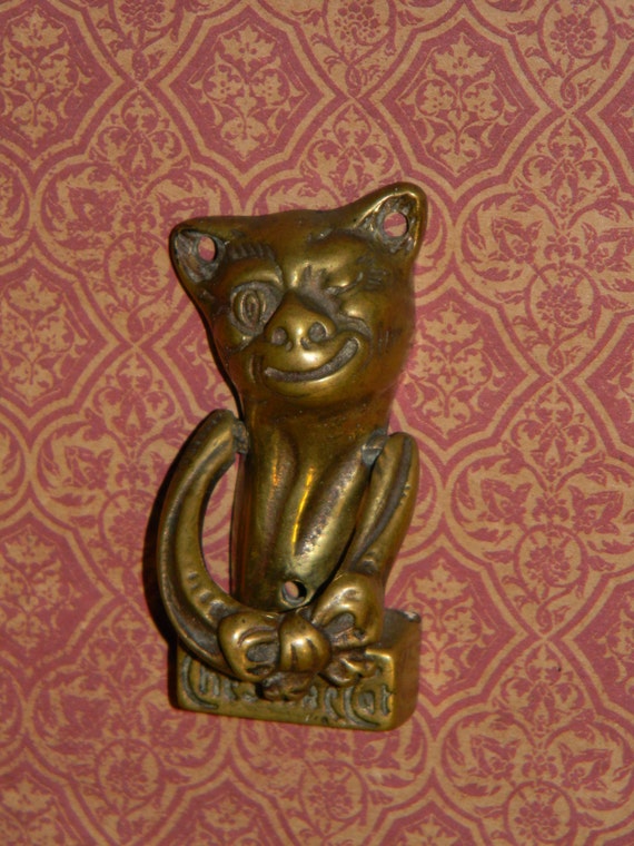 Droll Vintage Cast Brass Cheshire Cat Door Knocker Alice in