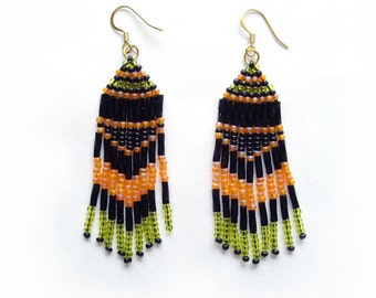Beaded earrings Long fringe earrings Black orange green earrings Seed bead earrings Ethnic earrings Chandelier earrings Bright boho earring