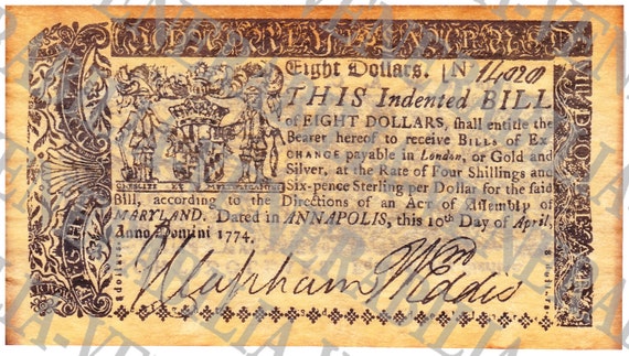 1774 Eight Dollar Bill Vintage Currency Instant Digital