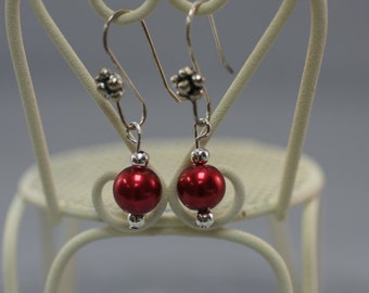 Cranberry Glass Pearl Drop Earrings