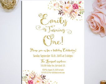 Pink and gold first birthday invitation pink gold glitter dots confetti girl first 1st birthday party invite printable Digital JPEG PDF
