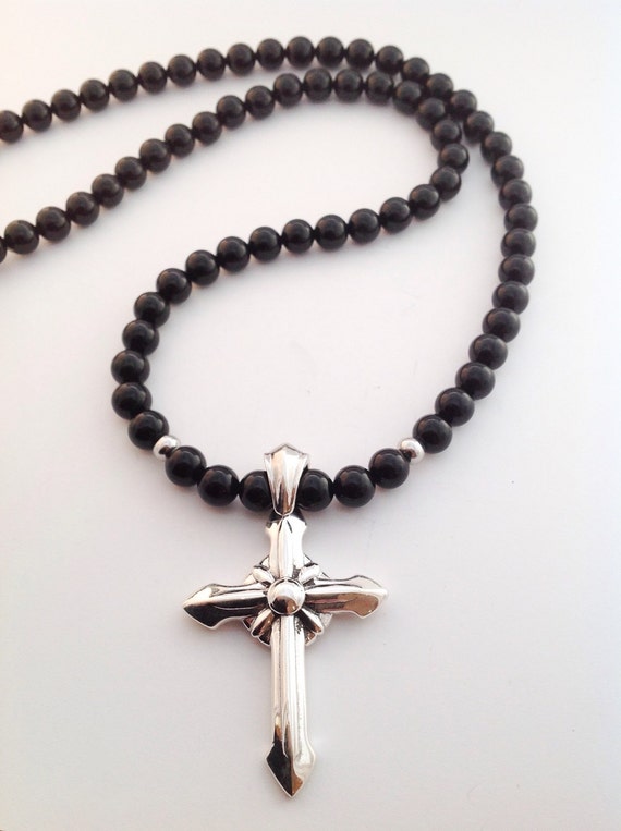 Mens Black Onyx Cross Necklace Onyx Necklace Beaded