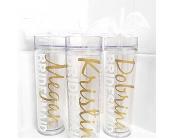 4 Custom skinny tumblers, bridal set, personalized cups, bridal shower gift, wedding gift, wedding favors, bridesmaids gift, plastic cups