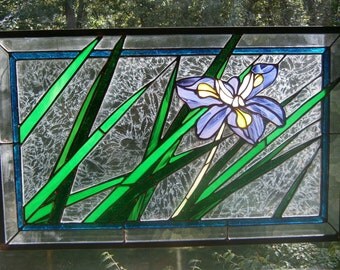 Windblown iris stained glass panel 25 x 15