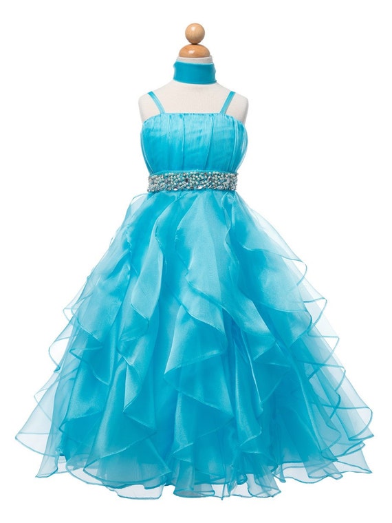 Flower girl dress aqua blue ruffled skirt waist by CreativeCabral