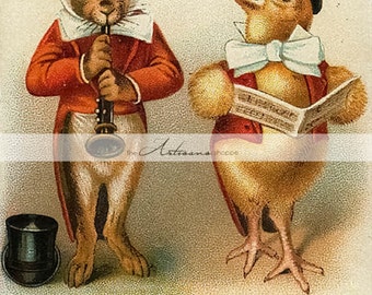 Printable Art Instant Download - Easter Bunny & Chick Musicians Top Hats Antique Vintage Postcard Art - Paper Crafts Scrapbook Altered Art