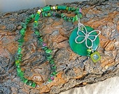 Green Agate, Malechite, Ruby in Fuschite and Sterling Butterfly Necklace, statement necklace, Czech glass, gift for mom