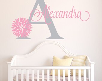 Girl Name Wall Decal - Dahlia Flower Wall Decal - Baby Girl Name Decal - Nursery Wall Decal - Flower Decal - Girls Room Wall Art