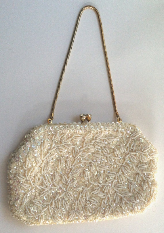 Vintage Ivory Satin Pearl Beaded Evening Bag with Iridescent