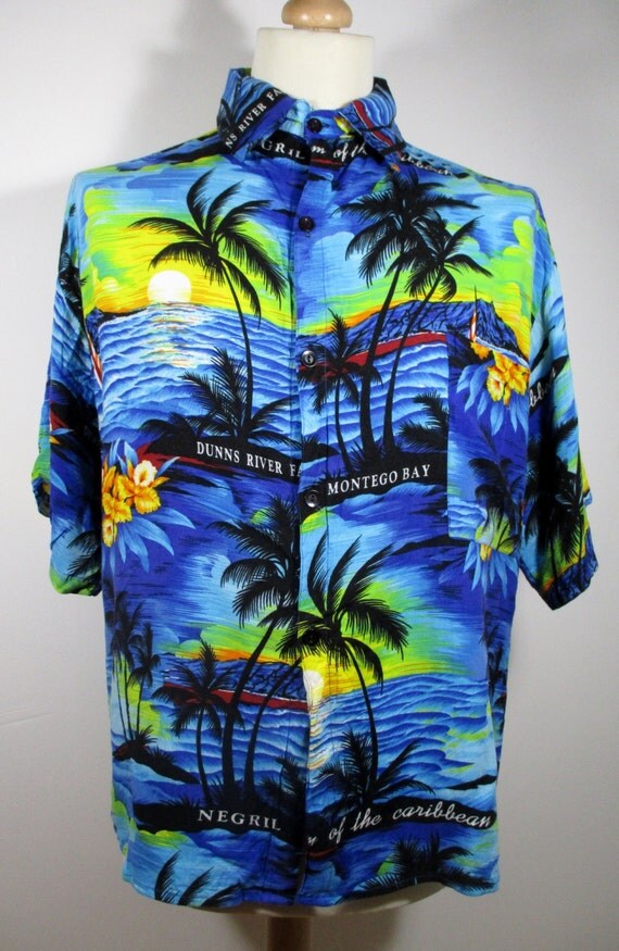 80s Blue Sunset / Palm Tree Print Hawaiian Mens Shirt XL