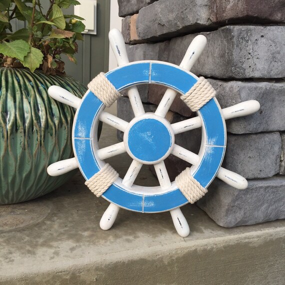 Items similar to Rustic Light Blue and White Nautical Ship Wheel Decorative ship's wheel
